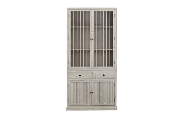 Tall light grey cabinet with slatted doors and 2 drawers shown full front