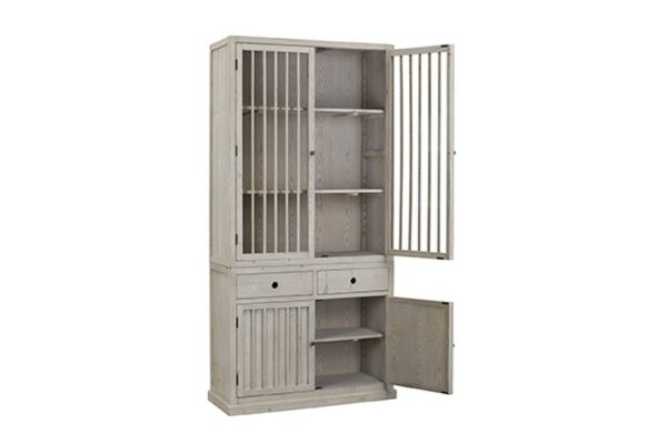 Tall light grey cabinet with slatted doors and 2 drawers shown with open doors