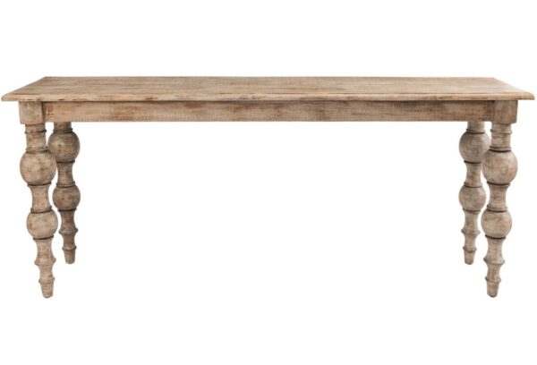 pine wood console table with turned legs and whitewash finish front view