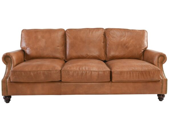Caramel brown top grain leather sofa with 3 seats front view