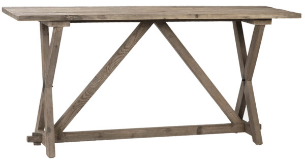 simple grey wooden console with X legs at either end and trestle design for support