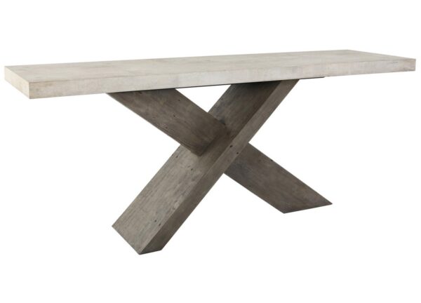 X leg console table with concrete laminate top