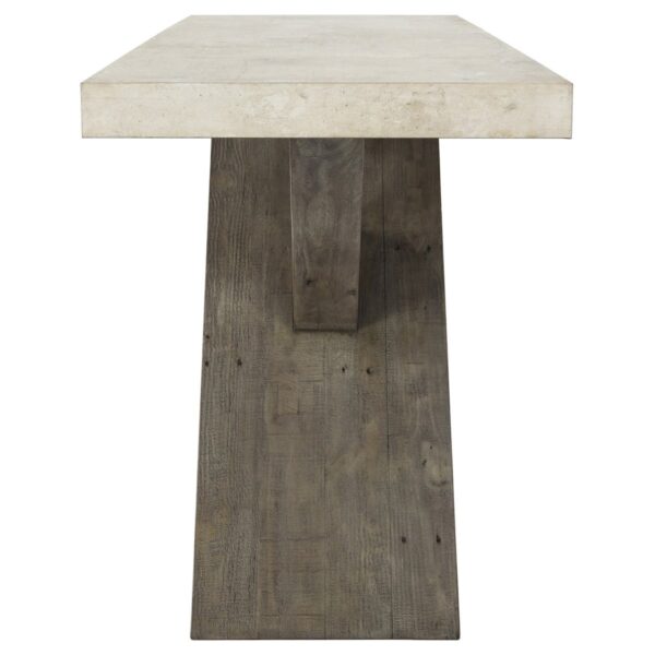 X leg console table with light beige concrete laminate top side view