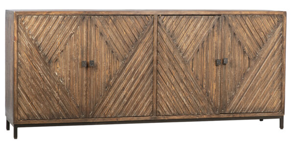 Medium brown sideboard media cabinet with textured doors and black iron base