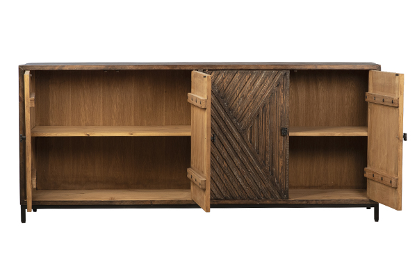 Medium brown sideboard media cabinet with textured doors and black iron base shown with doors open