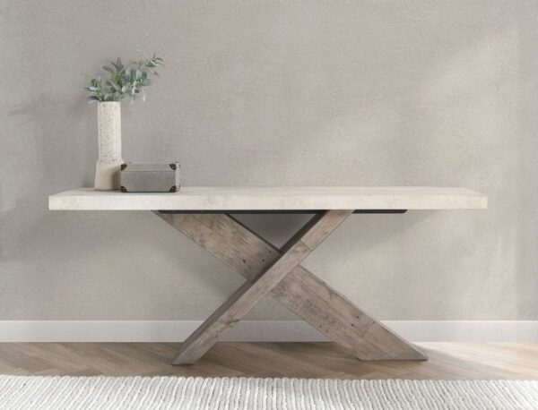 X leg console table with light beige concrete laminate top