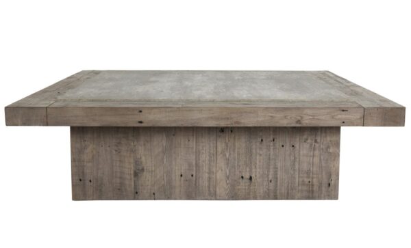 Large square wood coffee table with concrete laminate top front view
