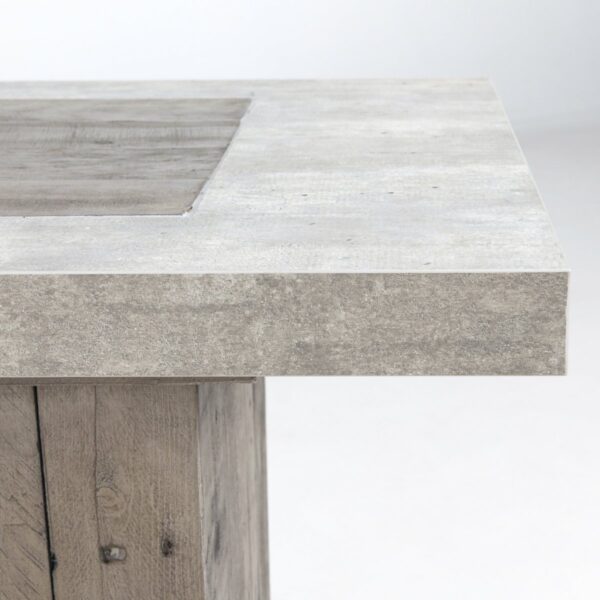 wood and light concrete console table detail of top