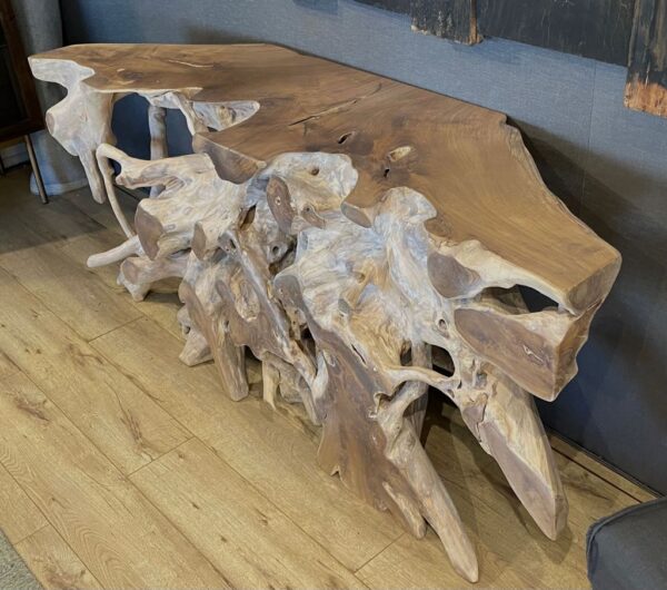 teak root console table view of top