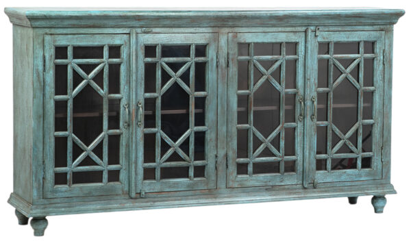 Large turquoise sideboard cabinet with 4 glass doors
