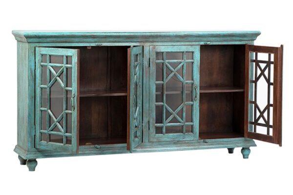 Large turquoise sideboard cabinet with 4 glass doors shown with open doors