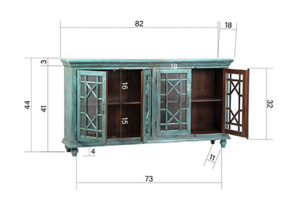 Large turquoise sideboard cabinet with 4 glass doors interior view