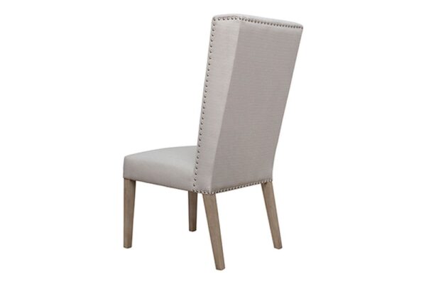 taupe fabric and bronze nail heads dining chair side view