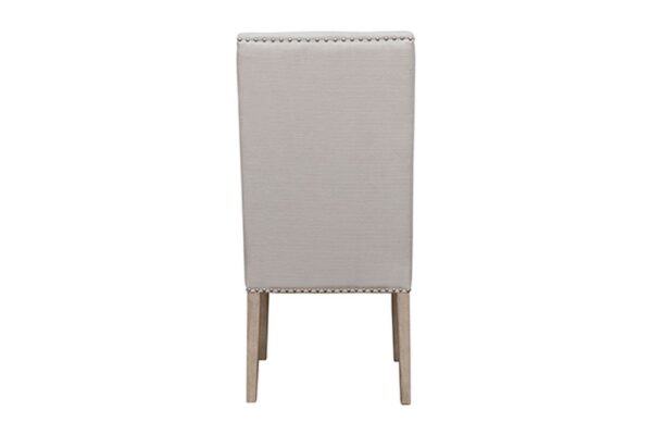 taupe fabric and bronze nail heads dining chair back view
