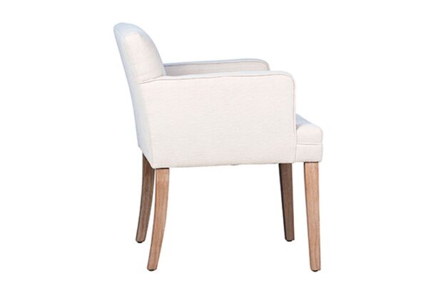 white fabric dining armchair side view