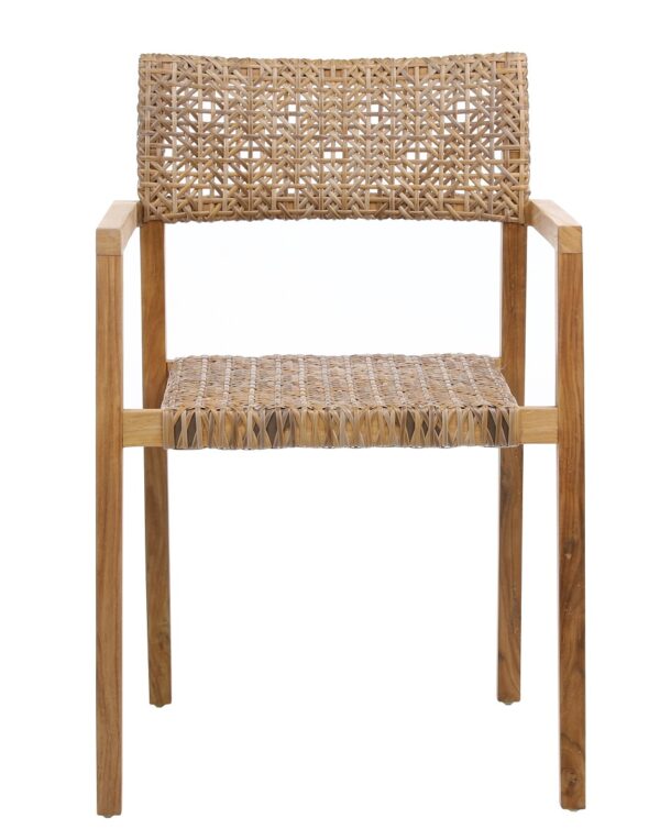 Outdoor teak and rattan dining chair, front