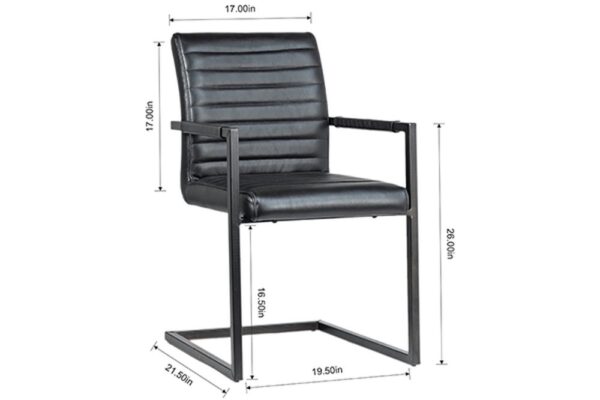 black leather dining chair with arms and metal legs dimensions shown