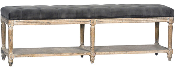 Charcoal grey tufted bench with oak wood frame
