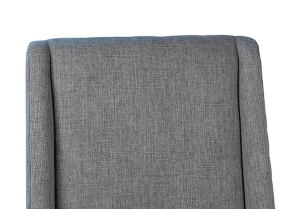 grey fabric and wood base dining chair detail