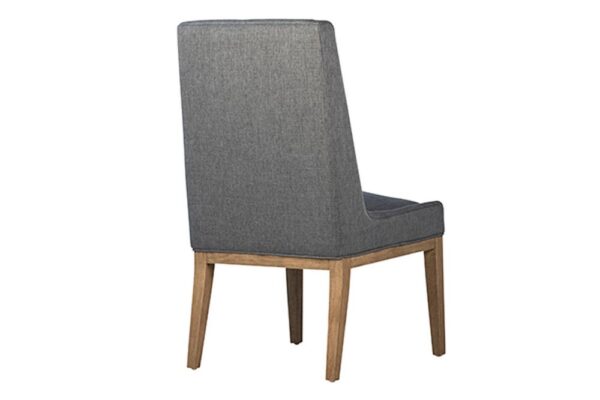 grey fabric and wood base dining chair back view