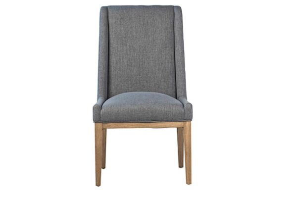 grey fabric and wood base dining chair front view