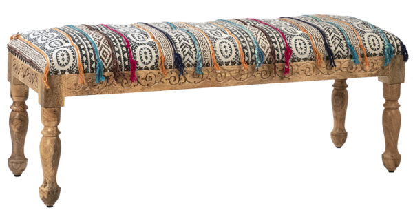 Wood bench with multicolor Indian fabric