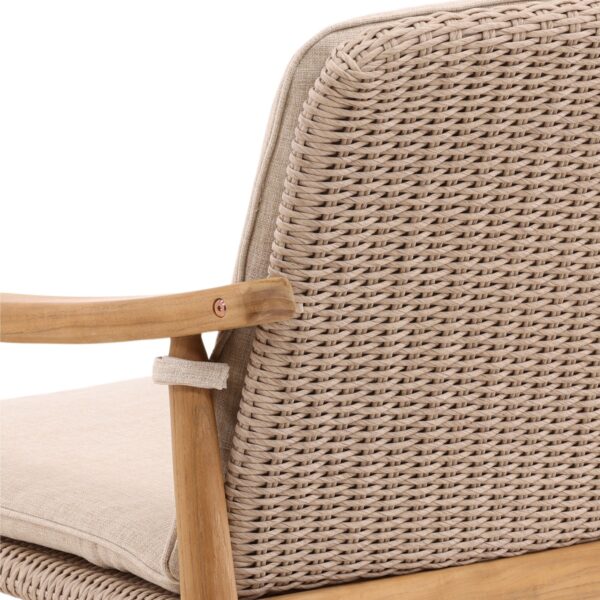 Outdoor teak dining chair with performance fabric cushion, back detail