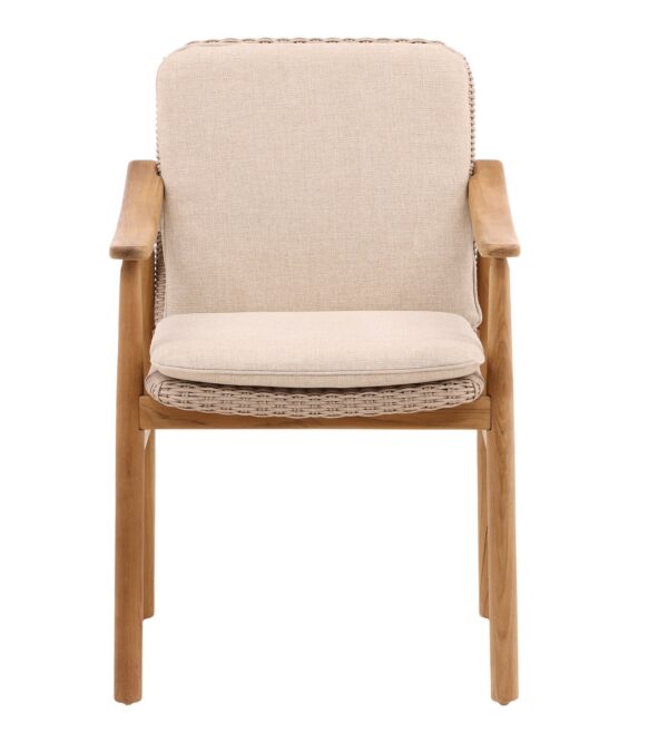 Outdoor teak dining chair with performance fabric cushion, front