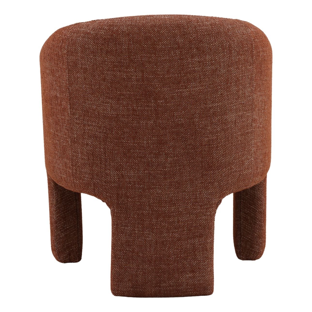 A modern, fully upholstered accent or dining chair in a textured rust-brown fabric, featuring a curved barrel back and thick, integrated legs. Back of chair