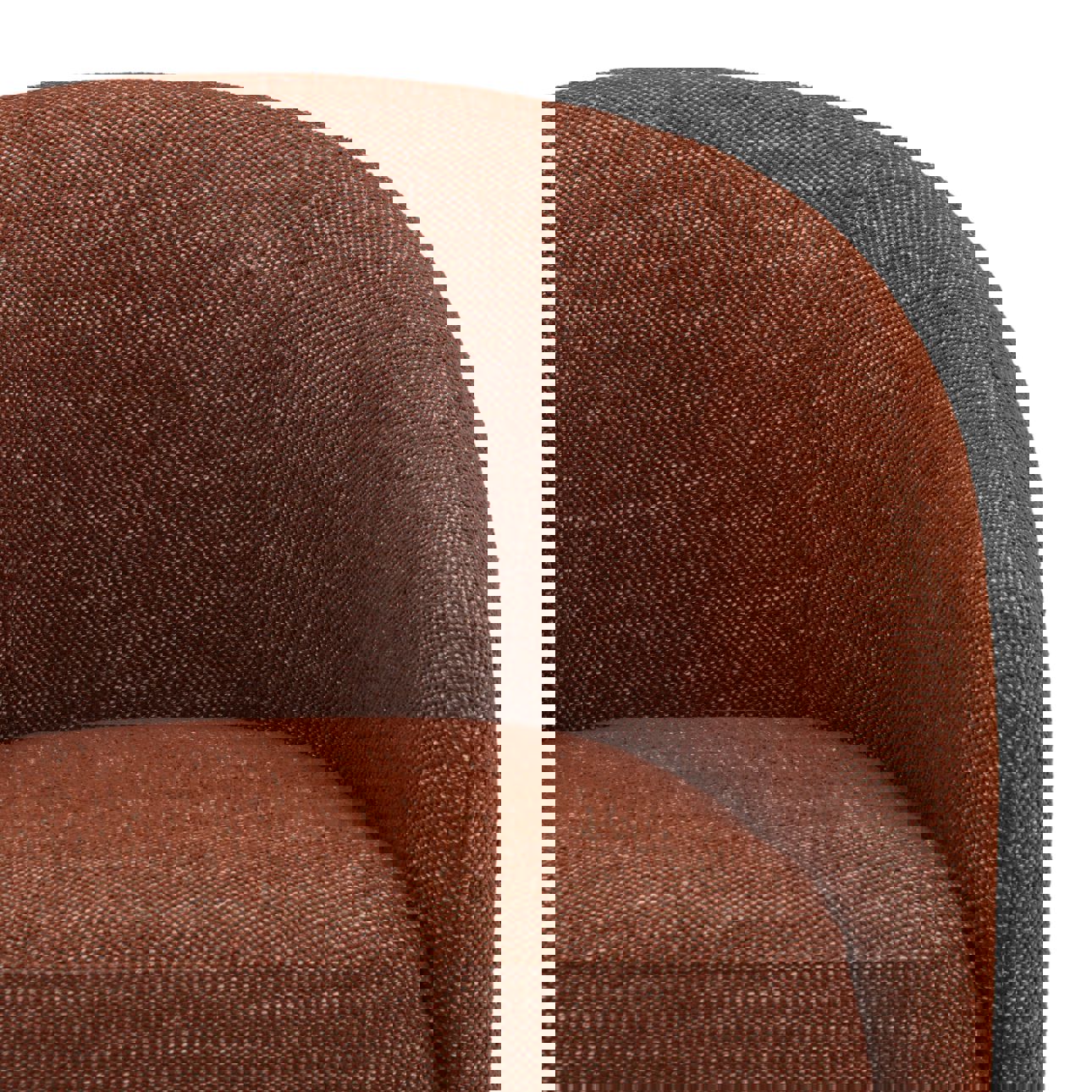 Modern, fully upholstered accent or dining chair in a textured rust-brown fabric, featuring a curved barrel back and thick, integrated legs, detail