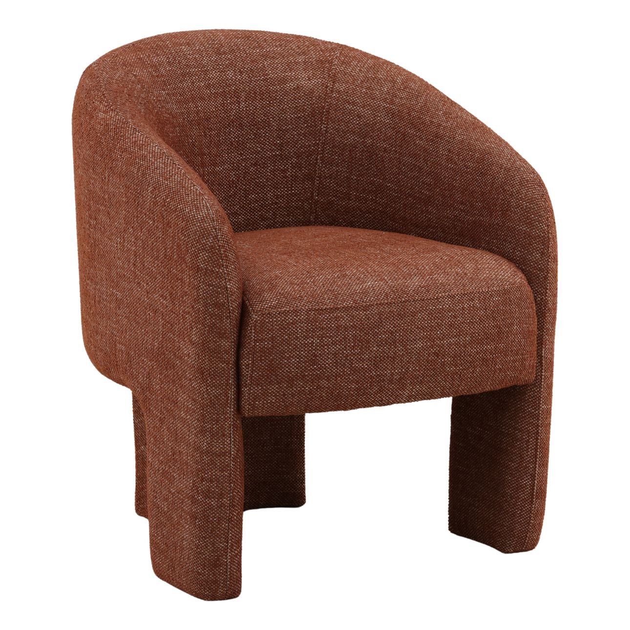 A modern, fully upholstered accent or dining chair in a textured rust-brown fabric, featuring a curved barrel back and thick, integrated legs. Three quarter view