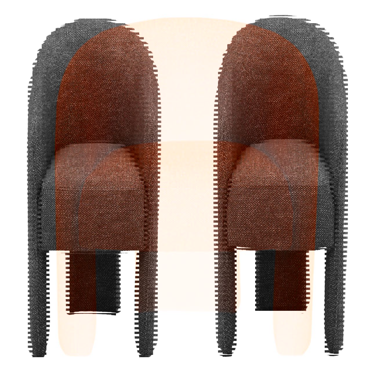 A modern, fully upholstered accent or dining chair in a textured rust-brown fabric, featuring a curved barrel back and thick, integrated legs. Front View