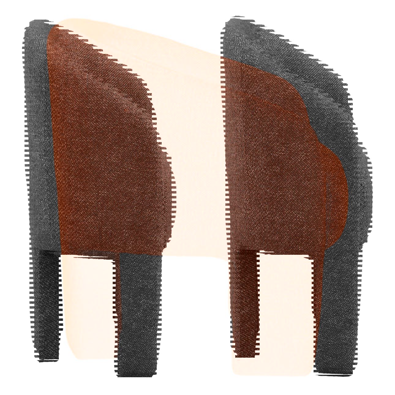 A modern, fully upholstered accent or dining chair in a textured rust-brown fabric, featuring a curved barrel back and thick, integrated legs. Profile view