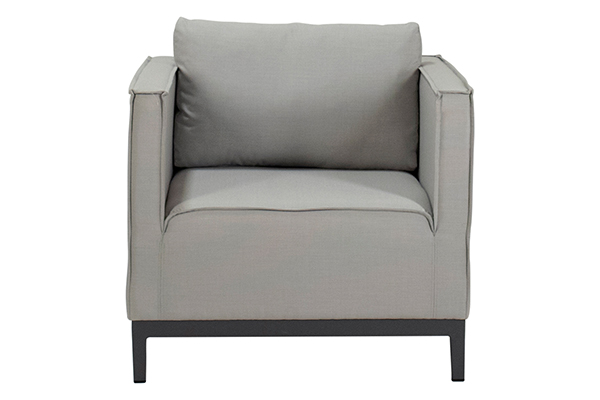 Outdoor club chair with grey sunbrella fabric front view