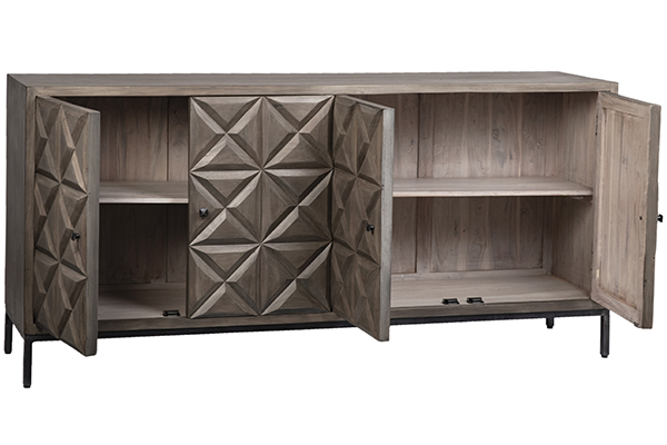 Brown sideboard console with 4 doors and carved geometrical design shown with opened doors
