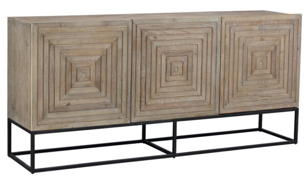 Light brown 3 doors media console with black iron base