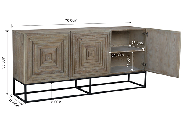 Light brown 3 doors media console with black iron base shown with measurements