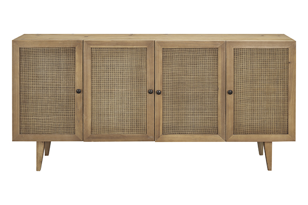 Honey tone console cabinet with 4 rattan doors front view