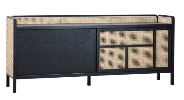 Black oak and cane console cabinet with sliding doors