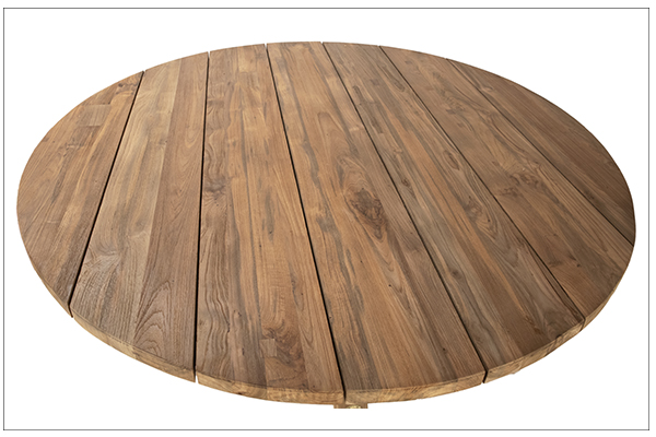 63" Round teak dining table natural wood color view of the top