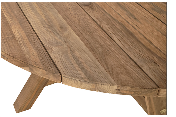 63" Round teak dining table natural wood color close up of the top