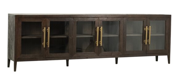 long dark wood console with glass doors and brass handles