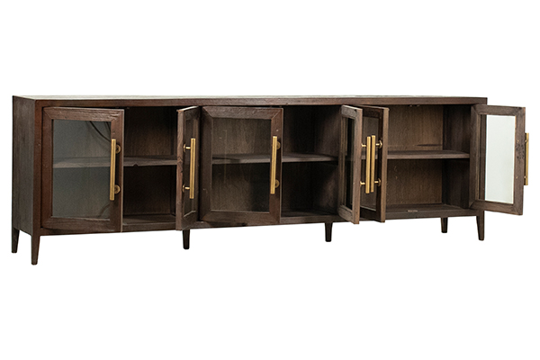 long dark wood console with glass open doors and brass handles
