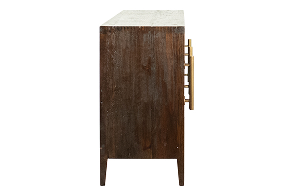 long dark wood console with glass doors and brass handles profile