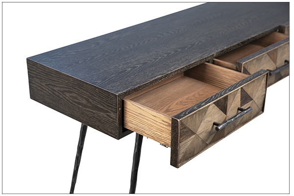 Console table with inlay drawers and iron legs detail