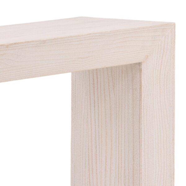 Open, rectangular design wood console table with whitewash finish, corner