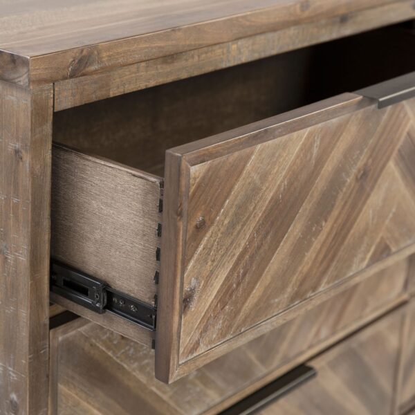 Medium brown wood dresser with 6 drawers and herringbone design, detail.