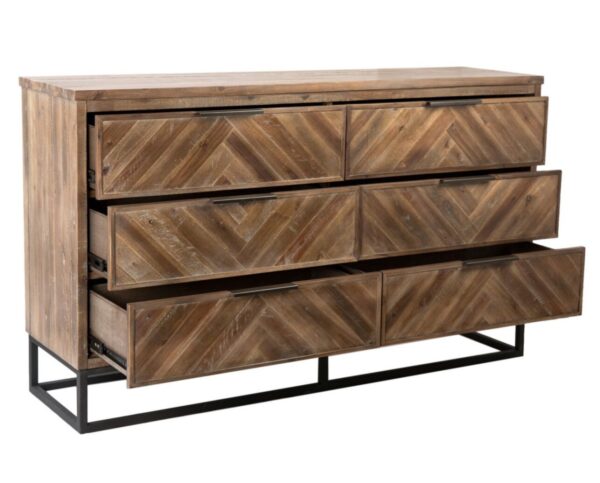 Medium brown wood dresser with 6 drawers and herringbone design, open.