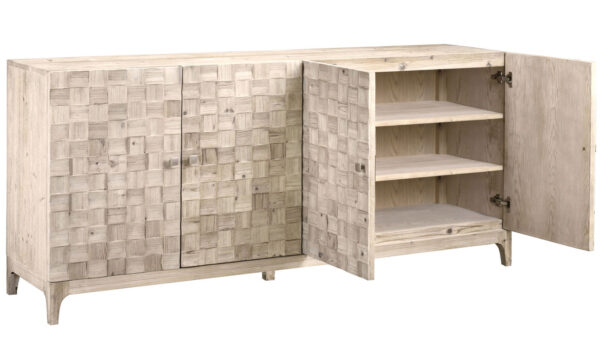 Wood media console with checkered design and 4 doors, open