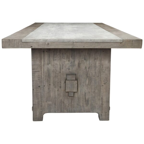 Rustic pine dining table with lightweight concrete laminate top side view